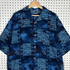 Southpole Y2K Streetwear Short Sleeve Shirt Large Blue Graffiti Graphic All Over